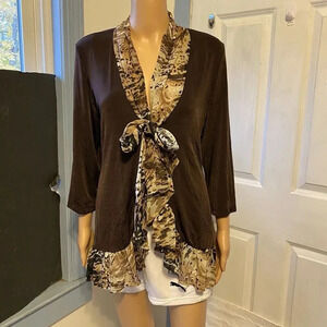 Slinky Brand Tie Front Cardigan Blouse Sz S-L Knit 3/4 Sleeve Brown SheerRuffle